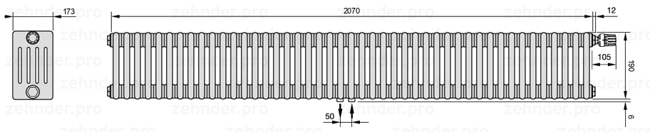 Схема (чертеж) Радиатор Zehnder Charleston 5019/45 №V008 Белый глянцевый RAL 9016